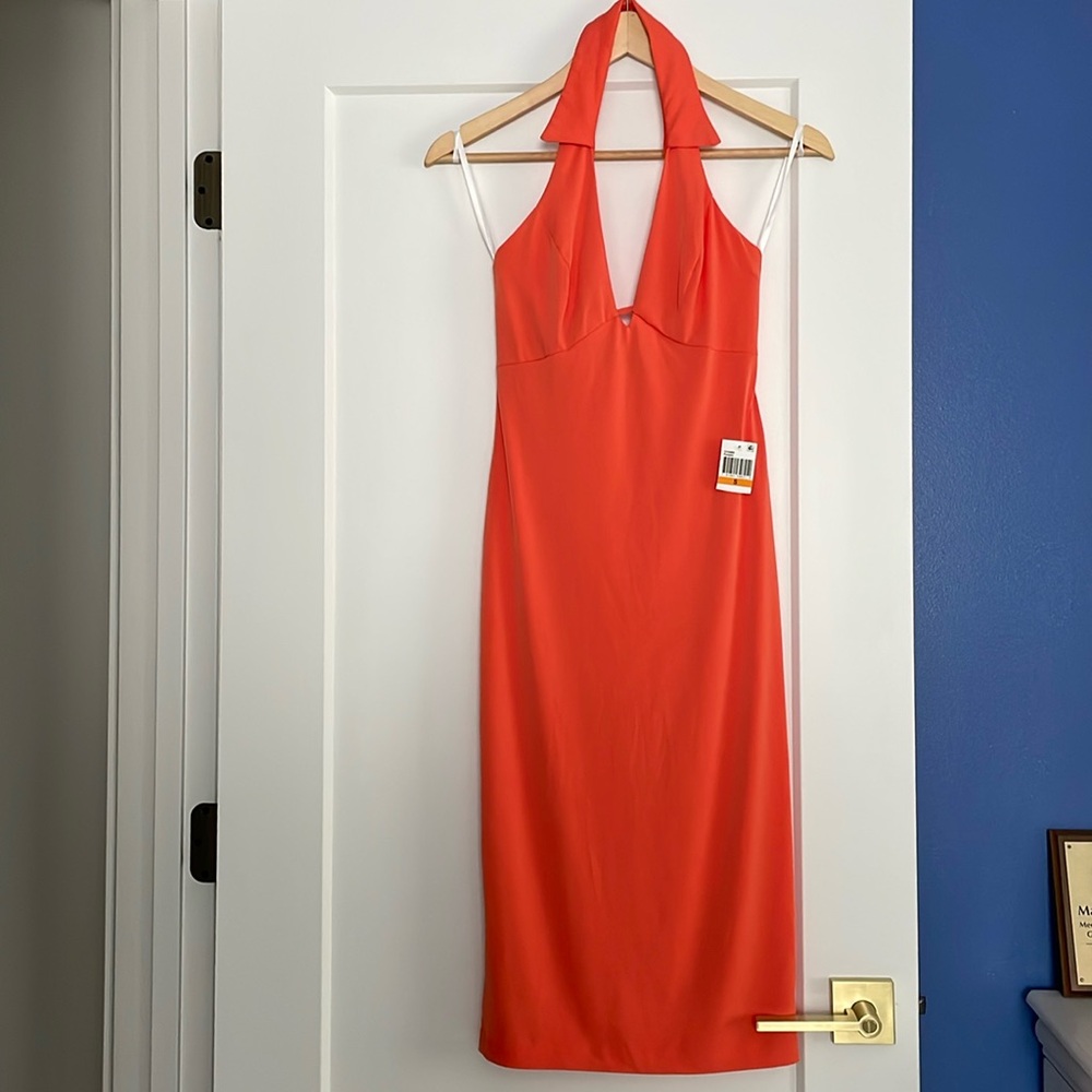 NWT low back halter midi dress with collar in vibrant tangerine orange S slip on